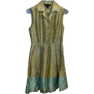 Duro Olowu Fit And‎ Flare Metallic Gold Teal Sleeveless Dress Scroll Design Sz 4